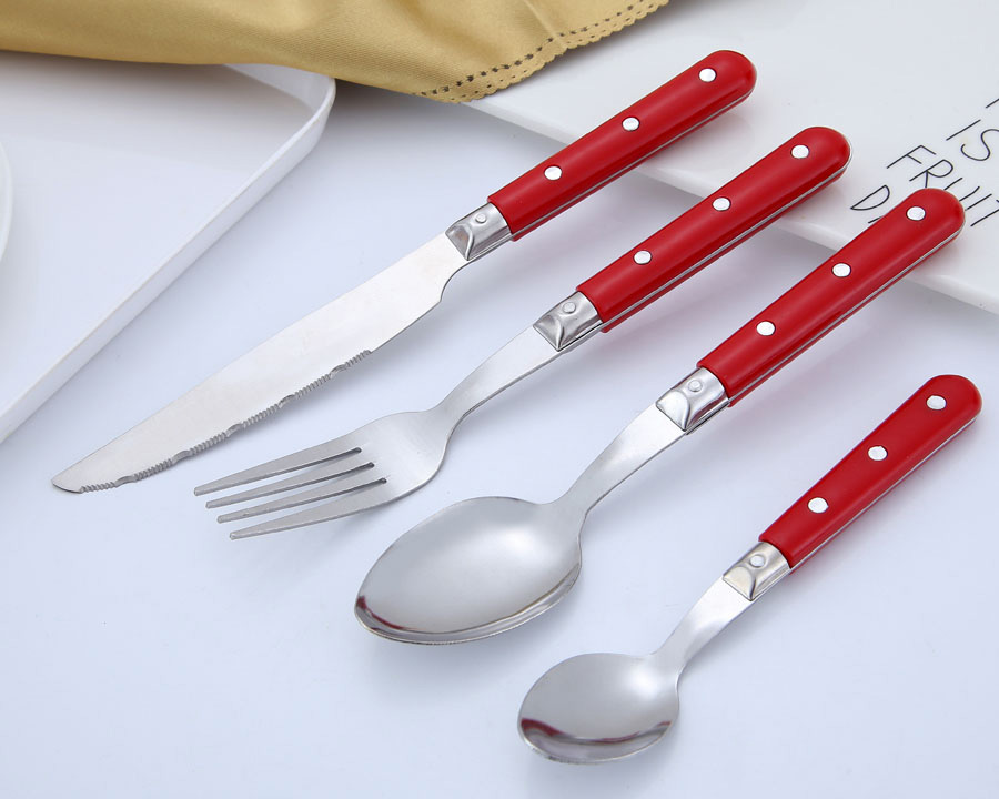 2998  Best selling red plastic handle stainless steel flatware set